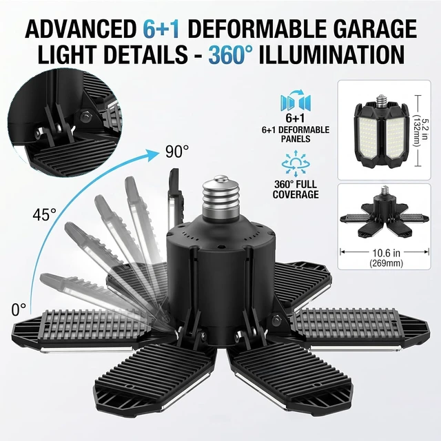 Alt view image 3 of 6 - 150W LED Garage Lights, 15000LM Super Bright Light Bulb for Garage Ceiling Lights, 6 Deformable Panels LED Shop Lights, E26/E27 Screw in Garage Lighting for Basement Workshop Barn