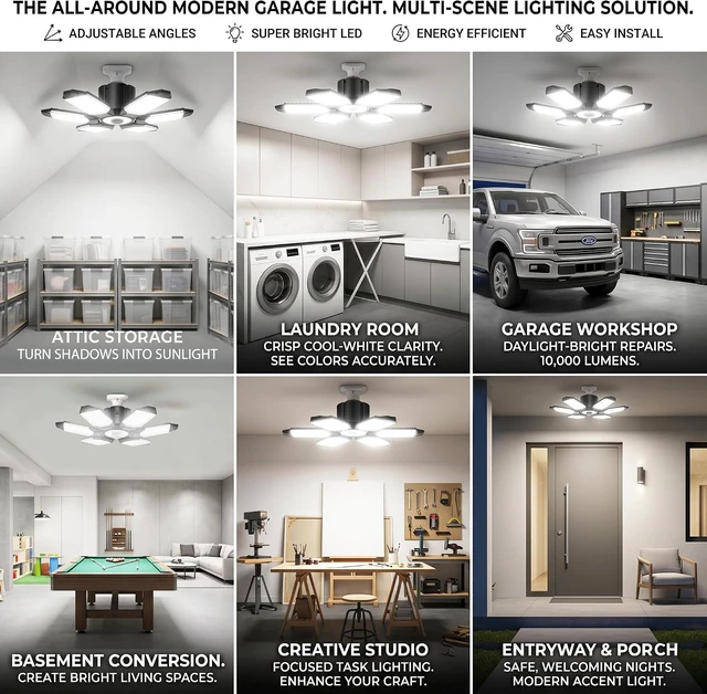 Alt view image 6 of 6 - 150W LED Garage Lights, 15000LM Super Bright Light Bulb for Garage Ceiling Lights, 6 Deformable Panels LED Shop Lights, E26/E27 Screw in Garage Lighting for Basement Workshop Barn