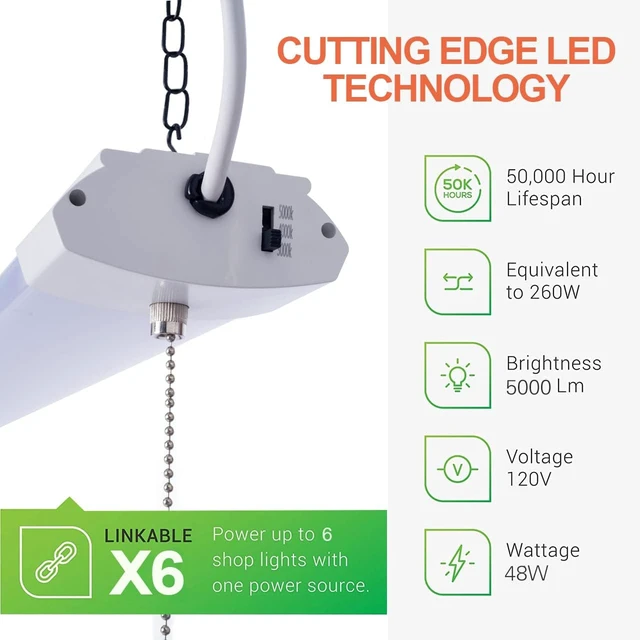 Alt view image 2 of 7 - 1 Pack LED Shop Light 4FT 48W Linkable Utility Integrated Ceiling Lighting Fixture, 3 Colors Selectable Hanging&Ceiling Mount with Pull Chain LED Workbench Light for Workshop,Garage