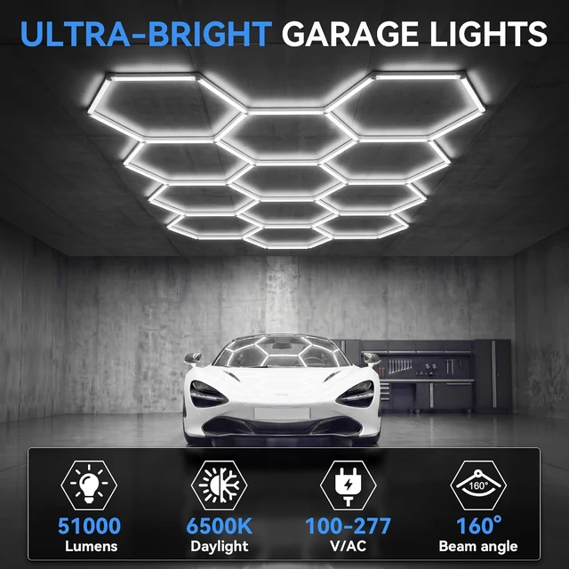 Alt view image 3 of 7 - 12 Hexagon Garage Lights, 50 Pack 51000LM Super Bright LED Garage Lights, 6500K Daylight Ceiling Lighting Shop Light for Garage, Basement,Workshop,Car Detailing Studio,Gym, Shopping Mall,Easy Install