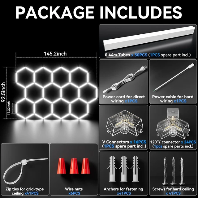 Alt view image 6 of 7 - 12 Hexagon Garage Lights, 50 Pack 51000LM Super Bright LED Garage Lights, 6500K Daylight Ceiling Lighting Shop Light for Garage, Basement,Workshop,Car Detailing Studio,Gym, Shopping Mall,Easy Install