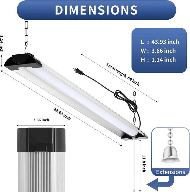 Alt view image 2 of 7 - 4FT LED Shop Light, 10000 Lumens 84W, Aluminum Shop Light Fixture, 5000K Cool White, Pull Chain, Plug-in Cord, Hanging or Flush Mount, ETL Listed for Garage Workshop Basement Warehouse Black