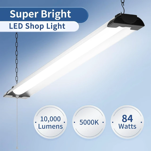 Alt view image 4 of 7 - 4FT LED Shop Light, 10000 Lumens 84W, Aluminum Shop Light Fixture, 5000K Cool White, Pull Chain, Plug-in Cord, Hanging or Flush Mount, ETL Listed for Garage Workshop Basement Warehouse Black