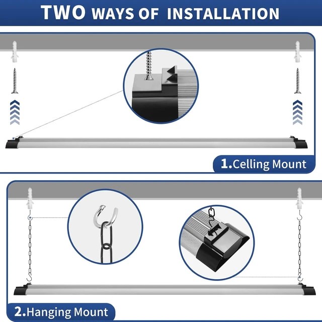 Alt view image 5 of 7 - 4FT LED Shop Light, 10000 Lumens 84W, Aluminum Shop Light Fixture, 5000K Cool White, Pull Chain, Plug-in Cord, Hanging or Flush Mount, ETL Listed for Garage Workshop Basement Warehouse Black