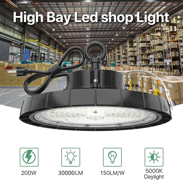 Alt view image 2 of 7 - UFO LED High Bay Lights: 200W 30000LM 5000K Led Shop Lights High Bay Led Lights with Plug Suitable for Gym Warehouse Workshop Factory Gym Garage Barn AC100-277V IP65