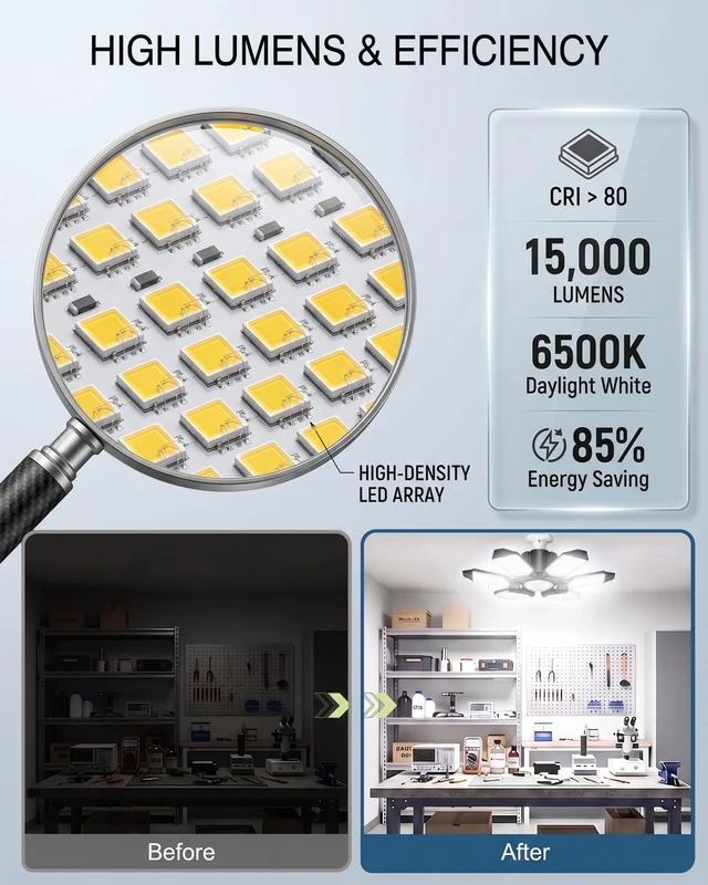Alt view image 4 of 6 - BRAINIAC 150W LED Garage Light Bulb with 6 Adjustable Panels, E26/E27 Screw in Shop Light Ceiling Light for Garage Workshop Barn - 2Pack