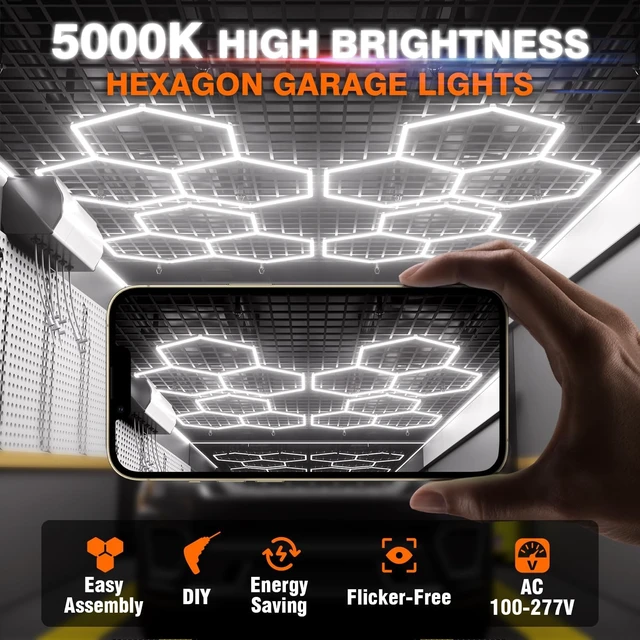 Alt view image 2 of 7 - Hexagon Garage Lights, 3-HEX Updated Bigger Size, 19200lm Super Bright Car Detailing Ceiling, Led Hexagon Lights, Honeycomb Lights for Detailing, Home Gym, DIY Workspace, Basement Garage
