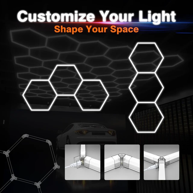Alt view image 6 of 7 - Hexagon Garage Lights, 3-HEX Updated Bigger Size, 19200lm Super Bright Car Detailing Ceiling, Led Hexagon Lights, Honeycomb Lights for Detailing, Home Gym, DIY Workspace, Basement Garage