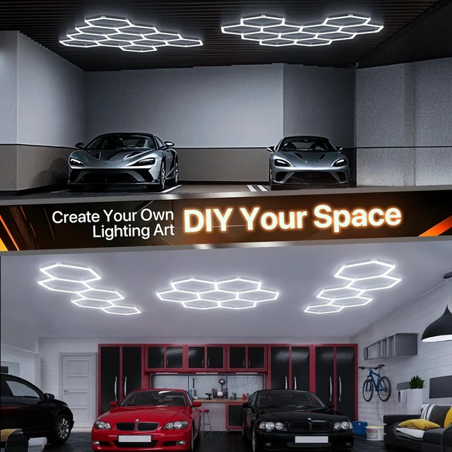 Alt view image 4 of 7 - Hexagon Garage Lights: 168W 5 Grids 6500K 3 Level Dimmable