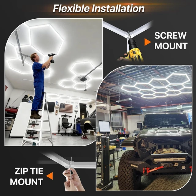 Alt view image 6 of 7 - Hexagon Garage Lights: 168W 5 Grids 6500K 3 Level Dimmable