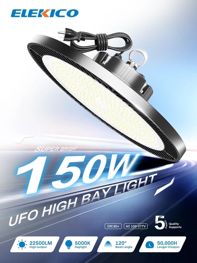 Alt view image 2 of 6 - ELEKICO UFO Led High Bay Light 150W 5000K Shop Lights 21000Lm Daylight with Plug, UFO High Bay Lights for Garage Warehouse Workshop Factory Barn Logistics Center 6 Pack