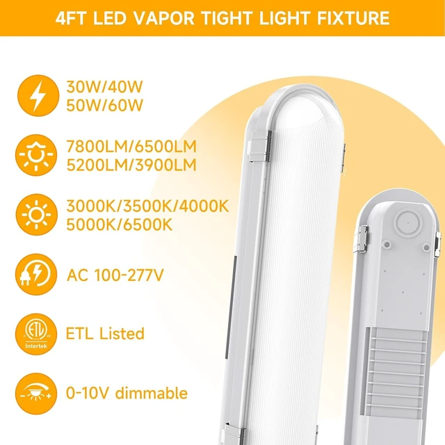 Alt view image 3 of 7 - 4FT Vapor Tight LED Fixture, 60W/50W/40W/30W 7800LM LED Vapor Proof Light Fixture 6000K/5000K/4000K/3500K/3000K,100-277V, ETL Listed, IP65 Waterproof Shop Lights for Garage, Warehouse, Workshop, 4Pack