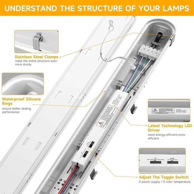 Alt view image 5 of 7 - 4FT Vapor Tight LED Fixture, 60W/50W/40W/30W 7800LM LED Vapor Proof Light Fixture 6000K/5000K/4000K/3500K/3000K,100-277V, ETL Listed, IP65 Waterproof Shop Lights for Garage, Warehouse, Workshop, 4Pack