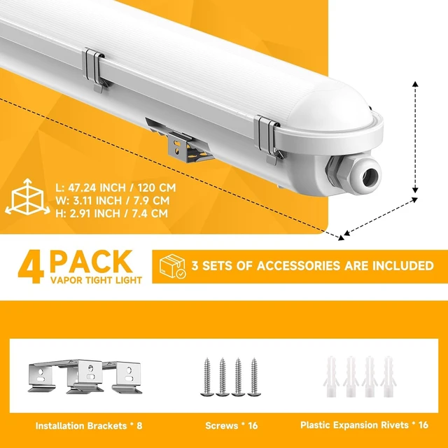 Alt view image 7 of 7 - 4FT Vapor Tight LED Fixture, 60W/50W/40W/30W 7800LM LED Vapor Proof Light Fixture 6000K/5000K/4000K/3500K/3000K,100-277V, ETL Listed, IP65 Waterproof Shop Lights for Garage, Warehouse, Workshop, 4Pack
