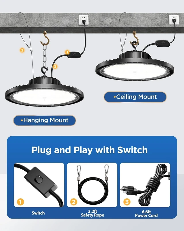 Alt view image 2 of 7 - 160W 25000LM High Bay LED Shop Light with Switch, 1 Pack