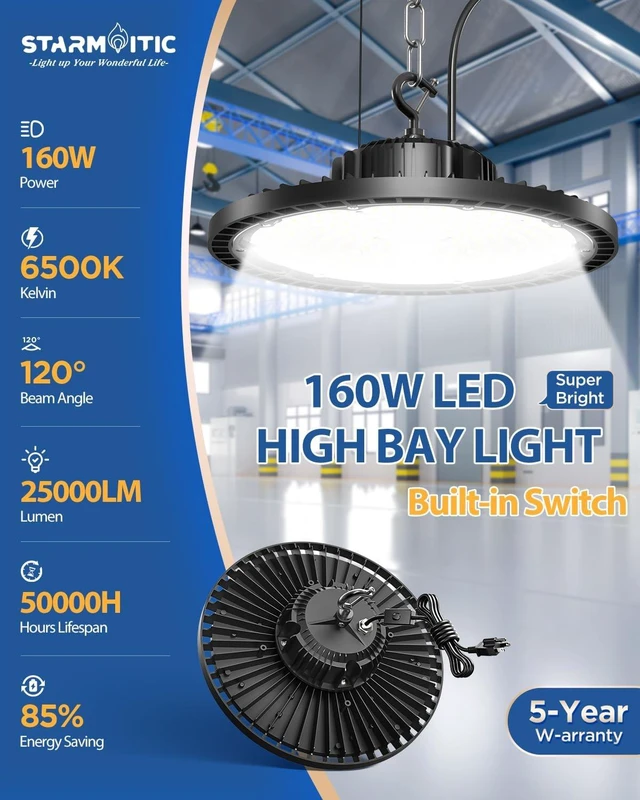 Alt view image 3 of 7 - 160W 25000LM High Bay LED Shop Light with Switch, 1 Pack
