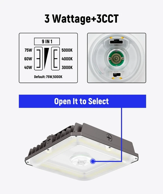 Alt view image 2 of 7 - JCE LED Canopy Light Outdoor, 75W/60W/40W Selectable & 3000K/4000K/5000K Adjustable, 10125LM Commercial Grade Garage & Shop Light, Low Profile Fixture for Workshop, Carport, Parking Area (1 Pack)