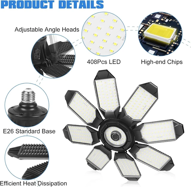 Alt view image 3 of 7 - LED Garage Light 2 Pack, 240W 24000LM 6500K Daylight LED Garage Ceiling Light with 8+1 Deformable Panels Compatible for E26/E27 Garage Light Socket, Led Shop Light for Basement Workshop Warehouse