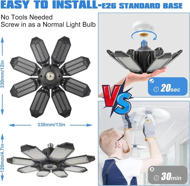 Alt view image 4 of 7 - LED Garage Light 2 Pack, 240W 24000LM 6500K Daylight LED Garage Ceiling Light with 8+1 Deformable Panels Compatible for E26/E27 Garage Light Socket, Led Shop Light for Basement Workshop Warehouse