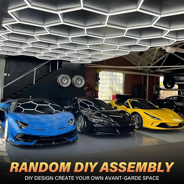 Alt view image 5 of 7 - ALLYES Hexagon LED Garage Lights, 24000LM 5000K 200W Honeycomb LED Ceiling, Upgraded Wider Size Light Tube, Hex Shop Lights for Car Detailing Shop Office Gym Barber