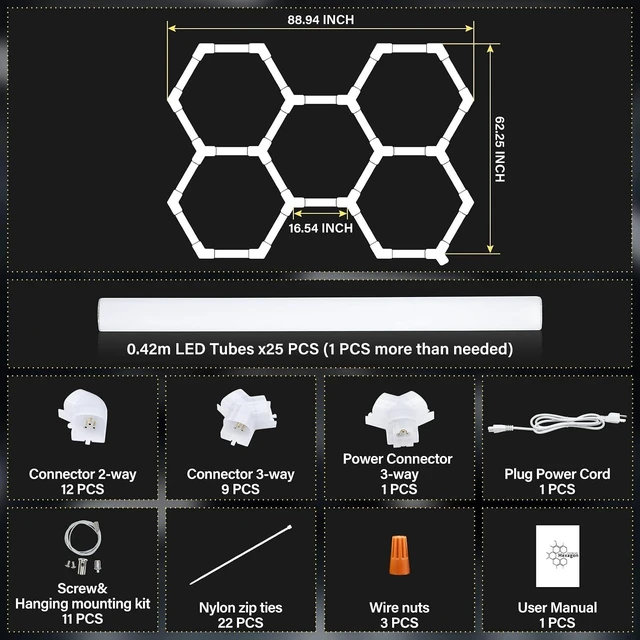 Alt view image 7 of 7 - ALLYES Hexagon LED Garage Lights, 24000LM 5000K 200W Honeycomb LED Ceiling, Upgraded Wider Size Light Tube, Hex Shop Lights for Car Detailing Shop Office Gym Barber