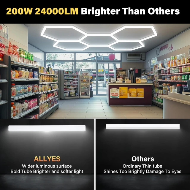 Alt view image 3 of 7 - ALLYES Hexagon LED Garage Lights, 24000LM 5000K 200W Honeycomb LED Ceiling, Upgraded Wider Size Light Tube, Hex Shop Lights for Car Detailing Shop Office Gym Barber