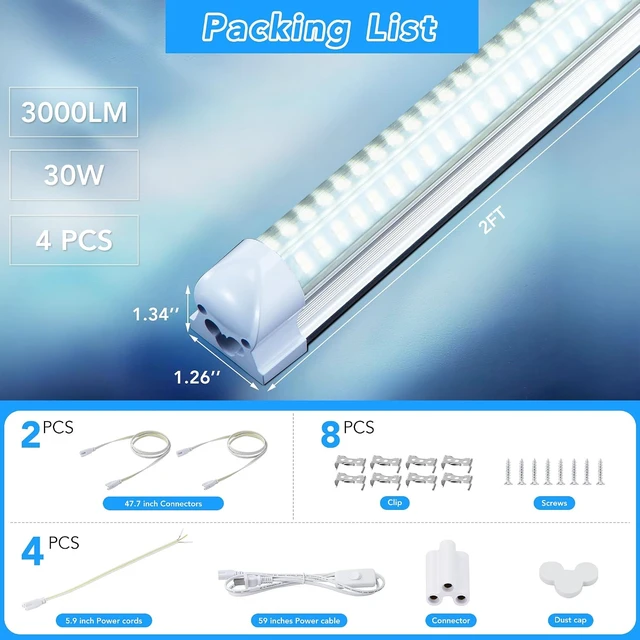 Alt view image 5 of 7 - 4 Pack 2FT LED Shop Lights, 30W T8 Integrated Light, 4800LM 6000K Daylight