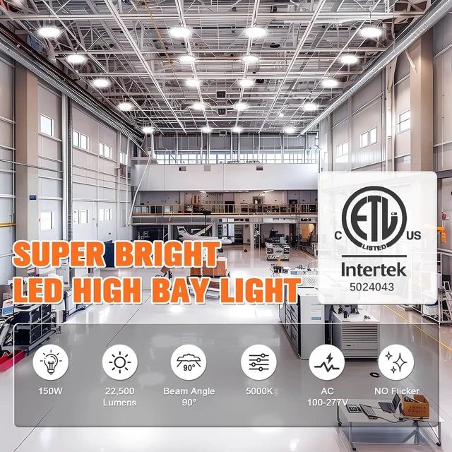 Alt view image 3 of 7 - VOLISUN 10 Pack UFO Led High Bay Light 22,500LM, 150W, 5000K Daylight, 100-277V High Bay Led Shop Light, ETL Listed Commercial Bay Lighting for Garage Workshop Barn Factory Warehouse