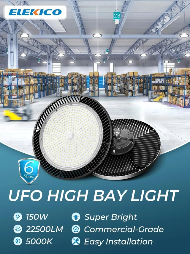 Alt view image 2 of 7 - ELEKICO 150W High Bay LED Shop Light, 22500LM 5000K UFO LED High Bay Light