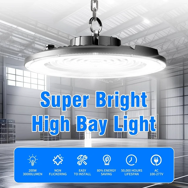 Alt view image 2 of 7 - UFO LED High Bay Light 200W 12 Pack 5000K 30000LM High Bay LED Shop Light with Plug Alternative to 800W MH/HPS for Warehouse Garage Workshop, AC100-277V