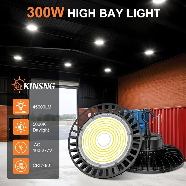 Alt view image 2 of 7 - 300W UFO LED High Bay Light, 45000LM 5000K High Bay Led Shop Lights with 5' Cable Plug 0-10V Dimmable, IP65 Commercial Light Fixture for Factory Garage Warehouse, ETL Listed, AC100-277V