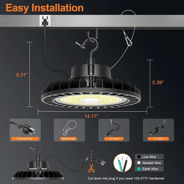 Alt view image 3 of 7 - 300W UFO LED High Bay Light, 45000LM 5000K High Bay Led Shop Lights with 5' Cable Plug 0-10V Dimmable, IP65 Commercial Light Fixture for Factory Garage Warehouse, ETL Listed, AC100-277V