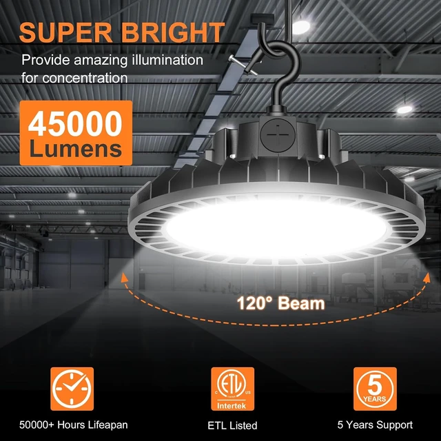 Alt view image 4 of 7 - 300W UFO LED High Bay Light, 45000LM 5000K High Bay Led Shop Lights with 5' Cable Plug 0-10V Dimmable, IP65 Commercial Light Fixture for Factory Garage Warehouse, ETL Listed, AC100-277V