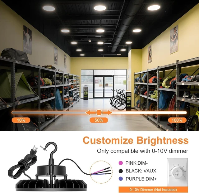 Alt view image 5 of 7 - 300W UFO LED High Bay Light, 45000LM 5000K High Bay Led Shop Lights with 5' Cable Plug 0-10V Dimmable, IP65 Commercial Light Fixture for Factory Garage Warehouse, ETL Listed, AC100-277V