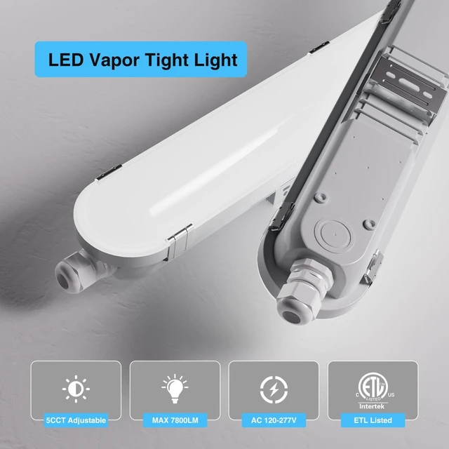 Alt view image 3 of 7 - 4FT LED Vapor Tight Light Fixture 4Pack,7800LM,60W/50W/40W/30W Adjustable, 5CCT 6500K-3000K Color Selectable,ETL Listed,IP65 Waterproof Vapor Proof Light for Car Wash,Garage,Warehouse,Basement