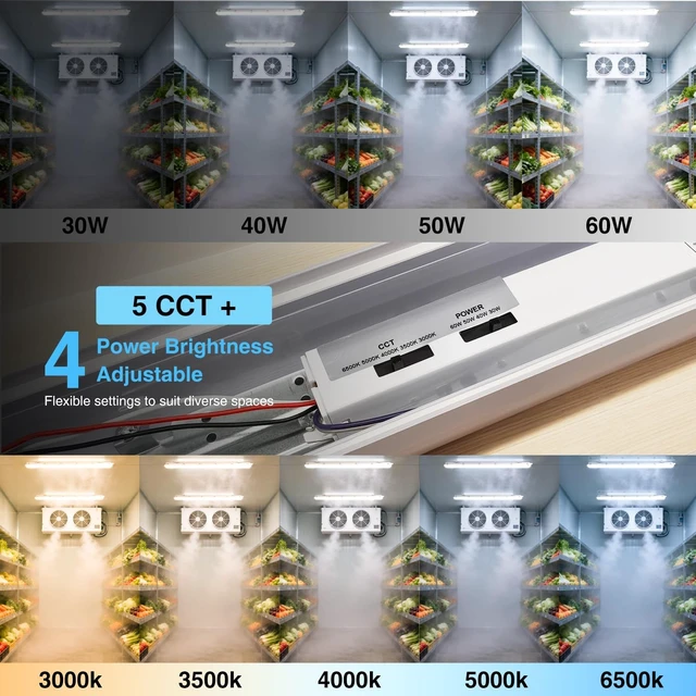 Alt view image 4 of 7 - 4FT LED Vapor Tight Light Fixture 4Pack,7800LM,60W/50W/40W/30W Adjustable, 5CCT 6500K-3000K Color Selectable,ETL Listed,IP65 Waterproof Vapor Proof Light for Car Wash,Garage,Warehouse,Basement