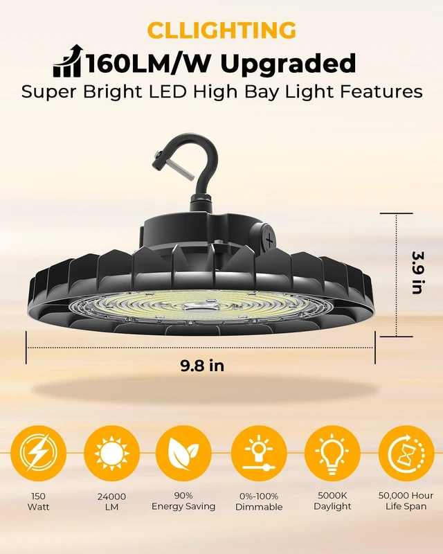 Alt view image 2 of 7 - UFO LED High Bay Light 150W, IP65, 24,000LM, 1-10V Dimmable, Flicker-Free