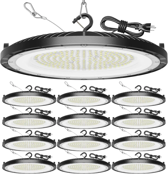 Main image of 12 Pack High Bay Led Shop Lights - 200W Super Bright Waterproof UFO Led High Bay Light with Plug 5' Cable and Hook Ring, UFO Lights Shop Light for Garage Factory Gym Workshop