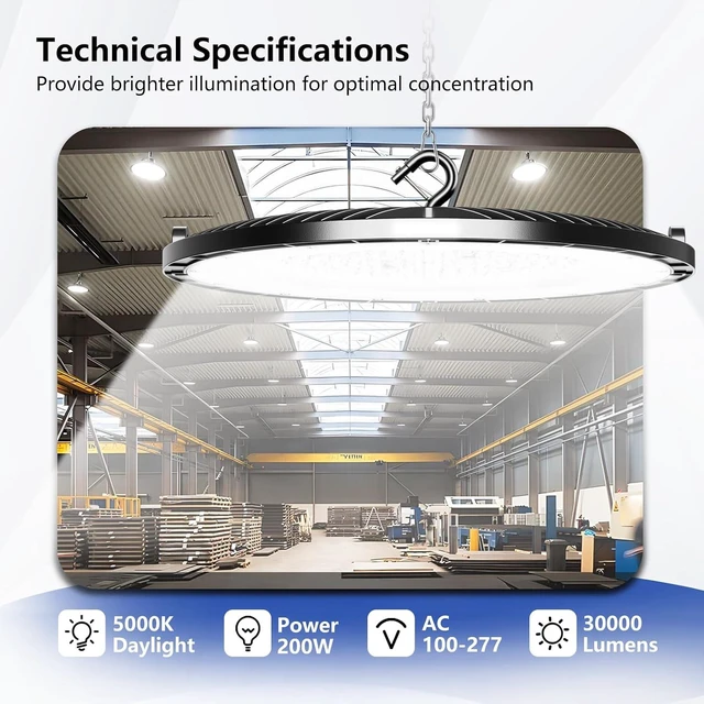 Alt view image 2 of 6 - 12 Pack High Bay Led Shop Lights - 200W Super Bright Waterproof UFO Led High Bay Light with Plug 5' Cable and Hook Ring, UFO Lights Shop Light for Garage Factory Gym Workshop