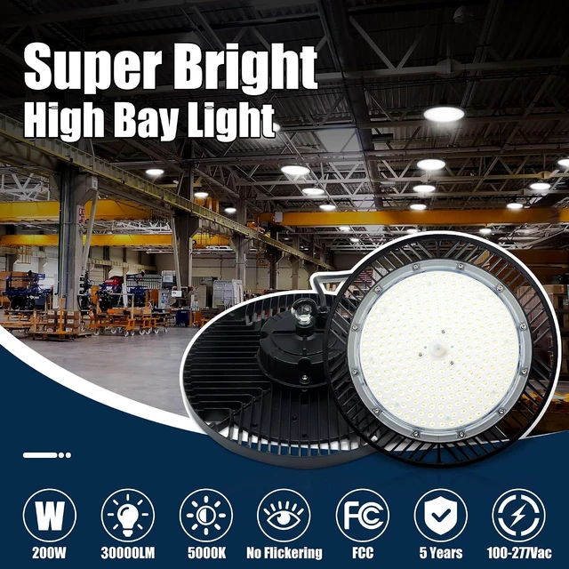 Alt view image 2 of 6 - 12 Pack UFO LED High Bay Light 200W, 30000LM 5000K UFO High Bay LED Shop Light with Plug Alternative to 800W MH/HPS for Garage Workshop Warehouse Factory Gym Barn,AC100-277V.