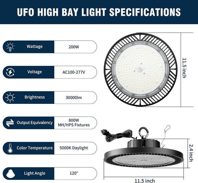 Alt view image 5 of 6 - 12 Pack UFO LED High Bay Light 200W, 30000LM 5000K UFO High Bay LED Shop Light with Plug Alternative to 800W MH/HPS for Garage Workshop Warehouse Factory Gym Barn,AC100-277V.