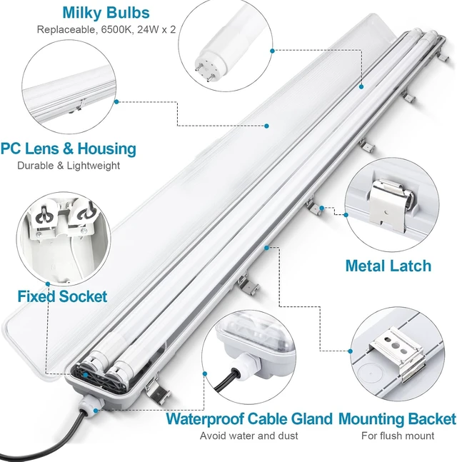 Alt view image 2 of 7 - 4FT Vapor Tight LED Light Fixture 4200LM 48W, 6500K Bright White IP65 Waterproof for Warehosue, Factory, Workshop, Garage, Car WashIndoor/Outdoor Ceiling Lights (8-Pack)