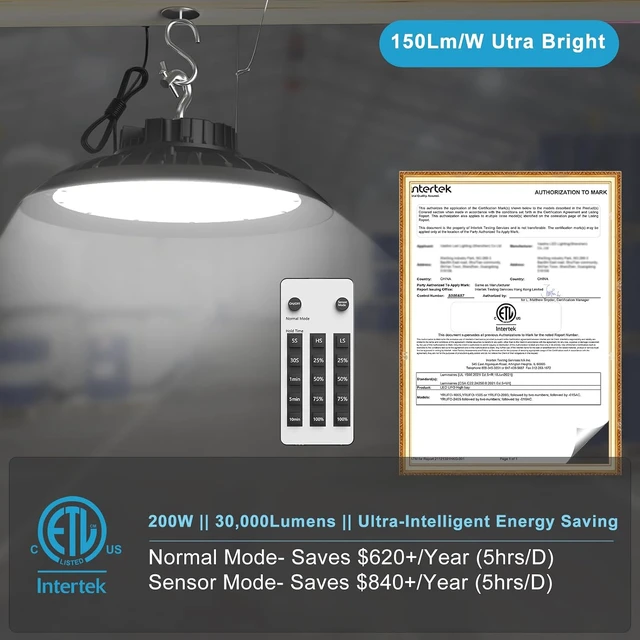 Alt view image 2 of 7 - Smart 200W LED High Bay Light 30000LM 5000K UFO High Bay Lighting Motion Activated High Bay LED Lights AC100-277V for Warehouse Barn Remote Included- 10Pack