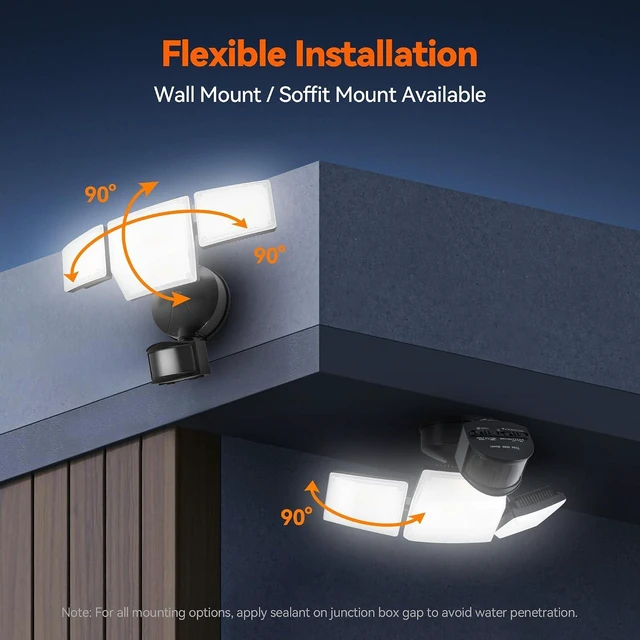 Alt view image 6 of 7 - 85W 10000LM Motion Sensor Outdoor Lights, 4-Head Super Bright LED Security Light, 5000K Daylight, IP65 Waterproof Hardwired Motion Detector Flood Lights Outdoor for Garage, Yard (Black)