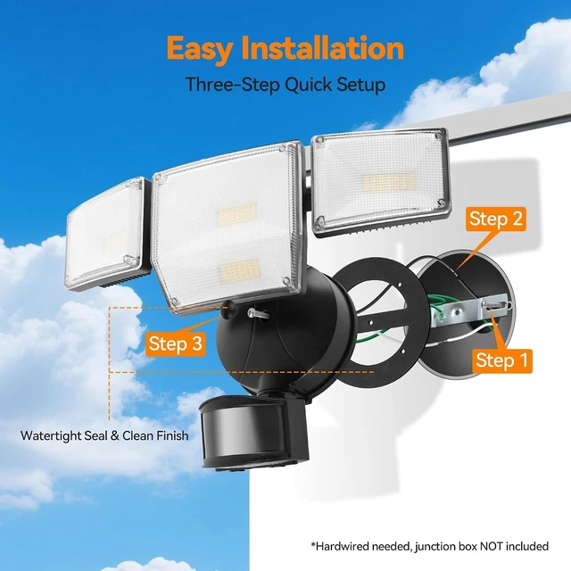 Alt view image 7 of 7 - 85W 10000LM Motion Sensor Outdoor Lights, 4-Head Super Bright LED Security Light, 5000K Daylight, IP65 Waterproof Hardwired Motion Detector Flood Lights Outdoor for Garage, Yard (Black)