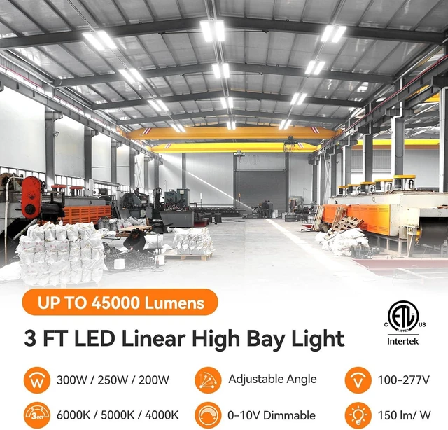 Alt view image 2 of 7 - 3FT 300W Linear High Bay Shop Lights 2-Pack, 45000lm, 100-277V
