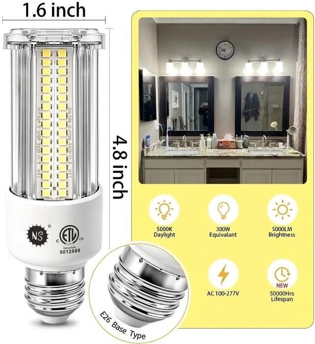 Alt view image 2 of 7 - NS 2 Each 300W Equivalent LED Corn Light Bulb 5000 Lumen 5000K 40W Large Area Daylight White E26/E27 Medium Base for Outdoor Indoor Garage Warehouse Factory Workshop Street Barn Backyard
