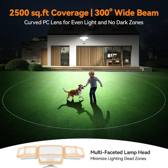 Alt view image 3 of 7 - 85W 10000LM Motion Sensor Outdoor Lights, 4-Head Super Bright LED Security Light, 5000K Daylight, IP65 Waterproof Hardwired Motion Detector Flood Lights Outdoor for Garage, Yard (White)