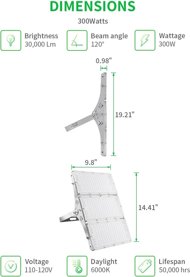 Alt view image 2 of 7 - Viugreum 300W LED Flood Light, 24000LM Super Bright Outdoor Work Stadium Lights, 6000K Daylight White, 1500W Halogen Equivalent, IP66 Waterproof Security Floodlight for Garage, Garden, Lawn, Yard