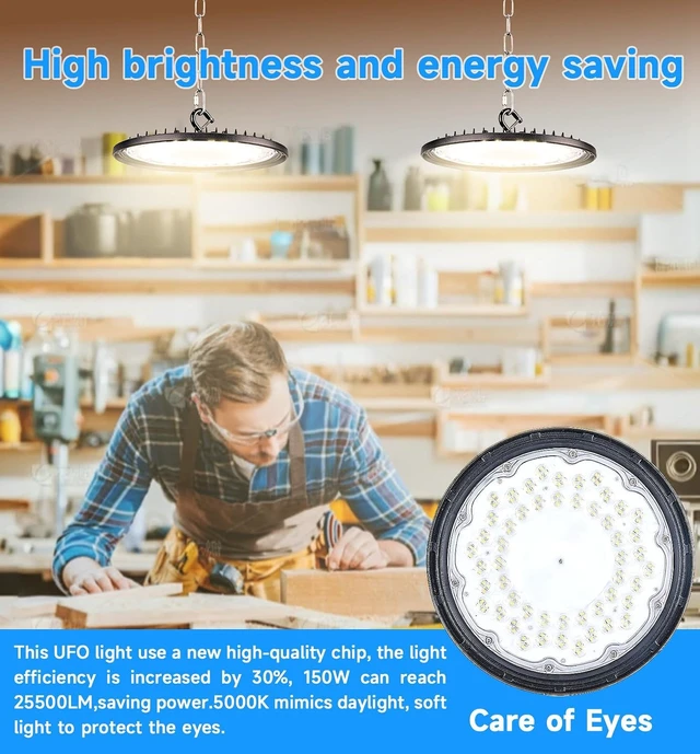 Alt view image 7 of 7 - 1 Pack Ultra-Thin UFO LED High Bay Lighting Fixture - 150W, 25500 Lumens, 5000K Daylight White, IP65 Waterproof, Plug & Play with 5ft Cord & U Bracket - for Warehouse, Workshop, Commercial Use